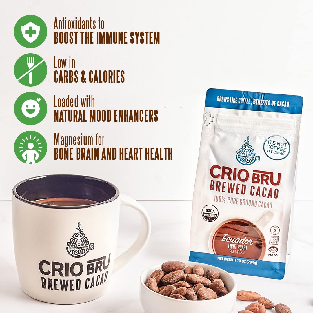 Crio Bru Brewed Cacao Double Chocolate Light Roast - Coffee Alternative Natural Healthy Drink | 100% Pure Ground Cacao Beans | 99.99% Caffeine Free, Keto, Low Carb, Paleo, Brew And Enjoy Hot or Iced (10oz)