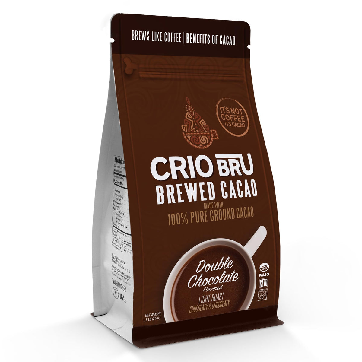 Crio Bru Brewed Cacao Double Chocolate Light Roast - Coffee Alternative Natural Healthy Drink | 100% Pure Ground Cacao Beans | 99.99% Caffeine Free, Keto, Low Carb, Paleo, Brew And Enjoy Hot or Iced (10oz)