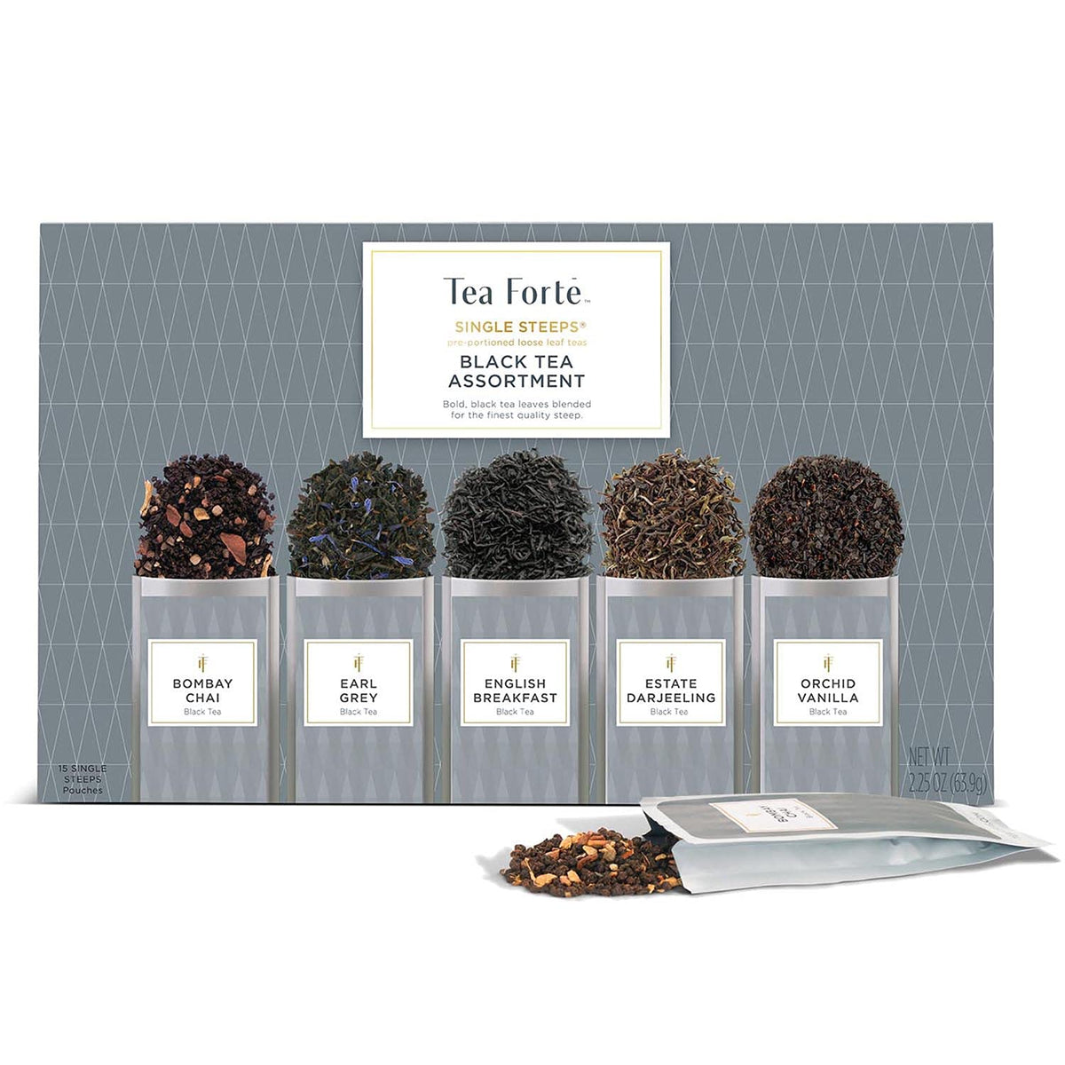 Tea Forte Lotus Single Steeps Loose Leaf Premium Tea Gift Set Sampler, 15 Count 3 of Each Assorted Blends, Pre-Portioned Single Serve Pouches, Steeps 12 oz