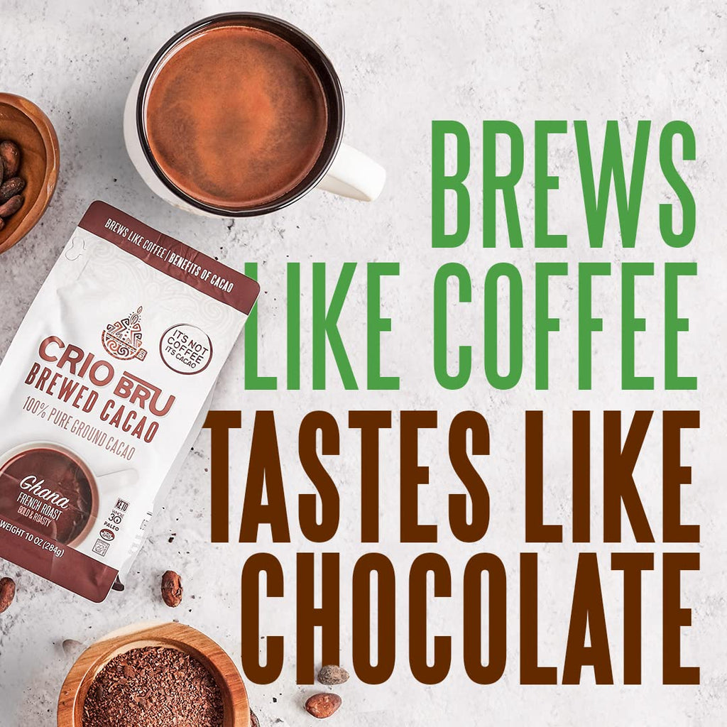 Crio Bru Brewed Cacao Double Chocolate Light Roast - Coffee Alternative Natural Healthy Drink | 100% Pure Ground Cacao Beans | 99.99% Caffeine Free, Keto, Low Carb, Paleo, Brew And Enjoy Hot or Iced (10oz)