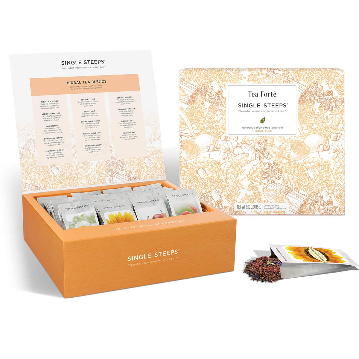 Tea Forte Lotus Single Steeps Loose Leaf Premium Tea Gift Set Sampler, 15 Count 3 of Each Assorted Blends, Pre-Portioned Single Serve Pouches, Steeps 12 oz
