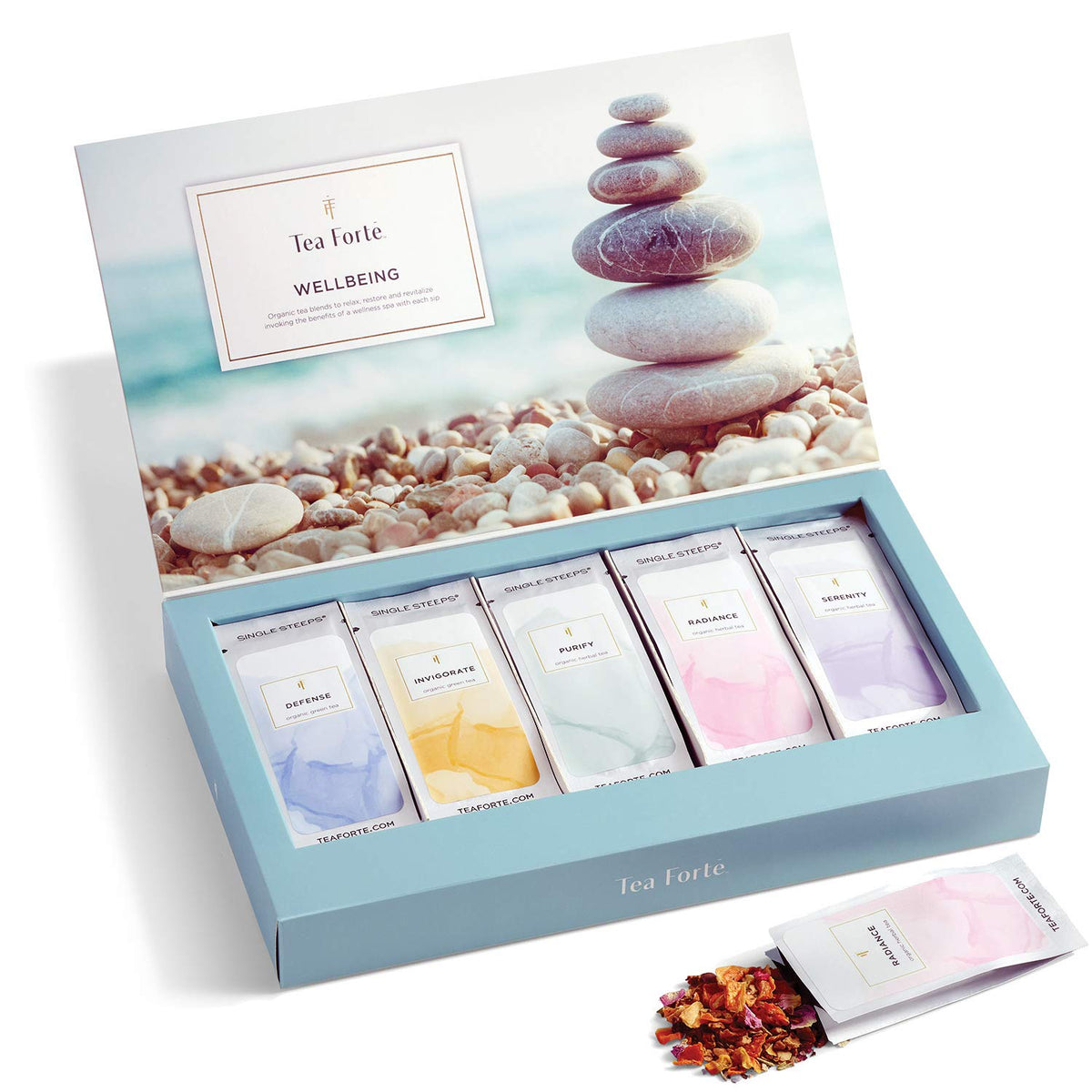 Tea Forte Lotus Single Steeps Loose Leaf Premium Tea Gift Set Sampler, 15 Count 3 of Each Assorted Blends, Pre-Portioned Single Serve Pouches, Steeps 12 oz