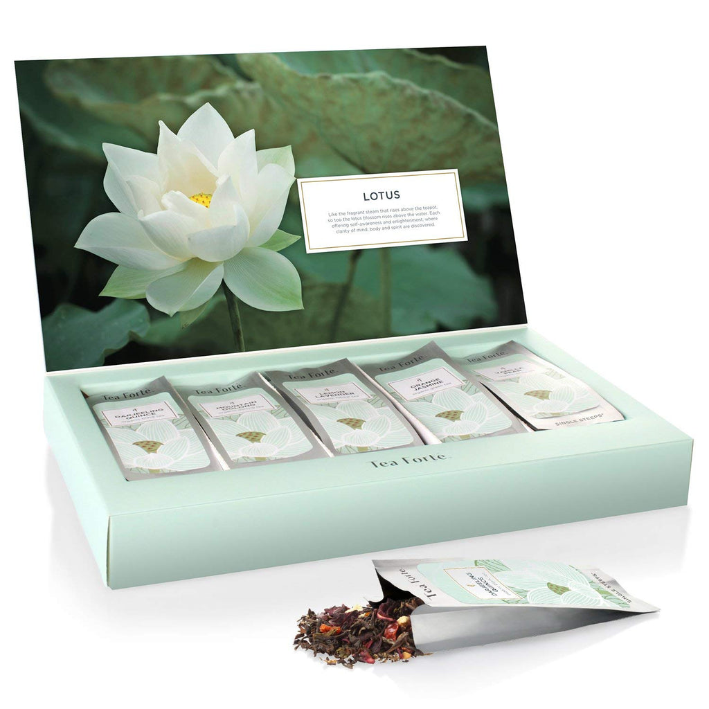 Tea Forte Lotus Single Steeps Loose Leaf Premium Tea Gift Set Sampler, 15 Count 3 of Each Assorted Blends, Pre-Portioned Single Serve Pouches, Steeps 12 oz