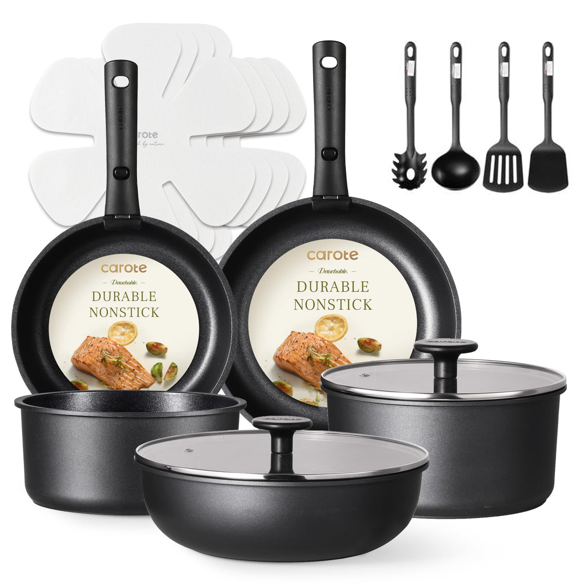 CAROTE 17PCS Ceramic Cookware Sets, Black and Gray, Pots and Pans Set Non Stick Non Toxic, Induction Cookware, Kitchen Cookware Sets, Pots Set for Healthy Cooking