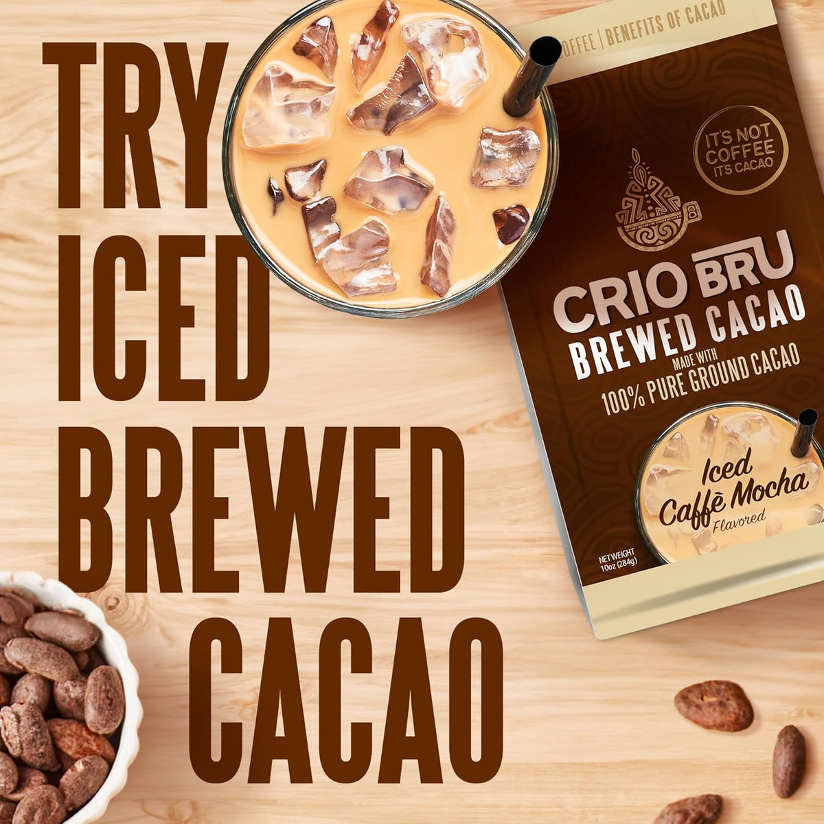 Crio Bru Brewed Cacao Double Chocolate Light Roast - Coffee Alternative Natural Healthy Drink | 100% Pure Ground Cacao Beans | 99.99% Caffeine Free, Keto, Low Carb, Paleo, Brew And Enjoy Hot or Iced (10oz)