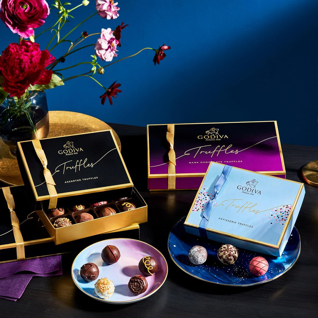 Godiva Chocolatier Assorted Dark Chocolate Truffle Gift Box for Birthday, Thank You, Anniversary, Congratulations Gift Basket Gourmet Candy with Creamy Ganache in Dark Chocolate, 12pc