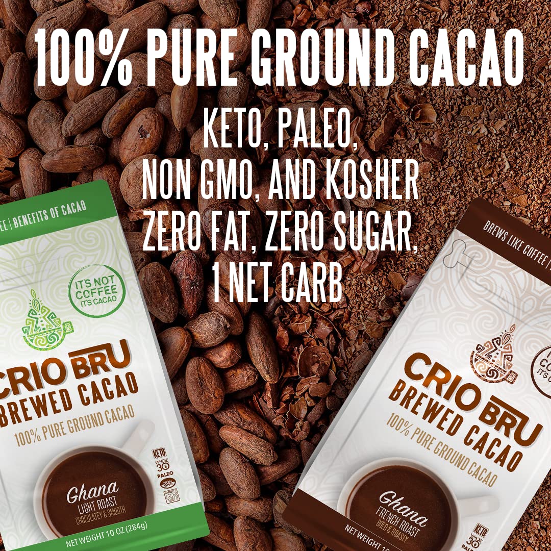 Crio Bru Brewed Cacao Double Chocolate Light Roast - Coffee Alternative Natural Healthy Drink | 100% Pure Ground Cacao Beans | 99.99% Caffeine Free, Keto, Low Carb, Paleo, Brew And Enjoy Hot or Iced (10oz)