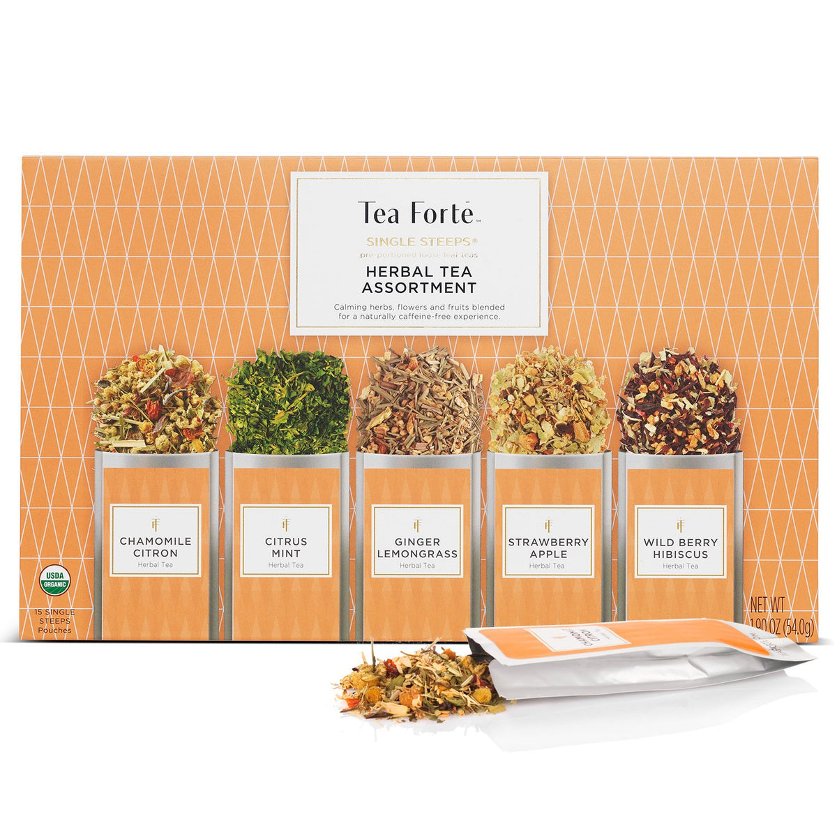 Tea Forte Lotus Single Steeps Loose Leaf Premium Tea Gift Set Sampler, 15 Count 3 of Each Assorted Blends, Pre-Portioned Single Serve Pouches, Steeps 12 oz