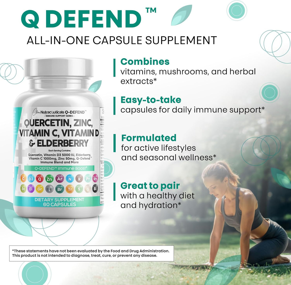 Q Defend Quercetin Supplement with Zinc Vitamin C Vitamin D Elderberry Turmeric Black Pepper Garlic Ginger Sea Moss Lysine Stinging Nettle Reishi Mushroom Immune Support 60 Capsules by Clean Nutra